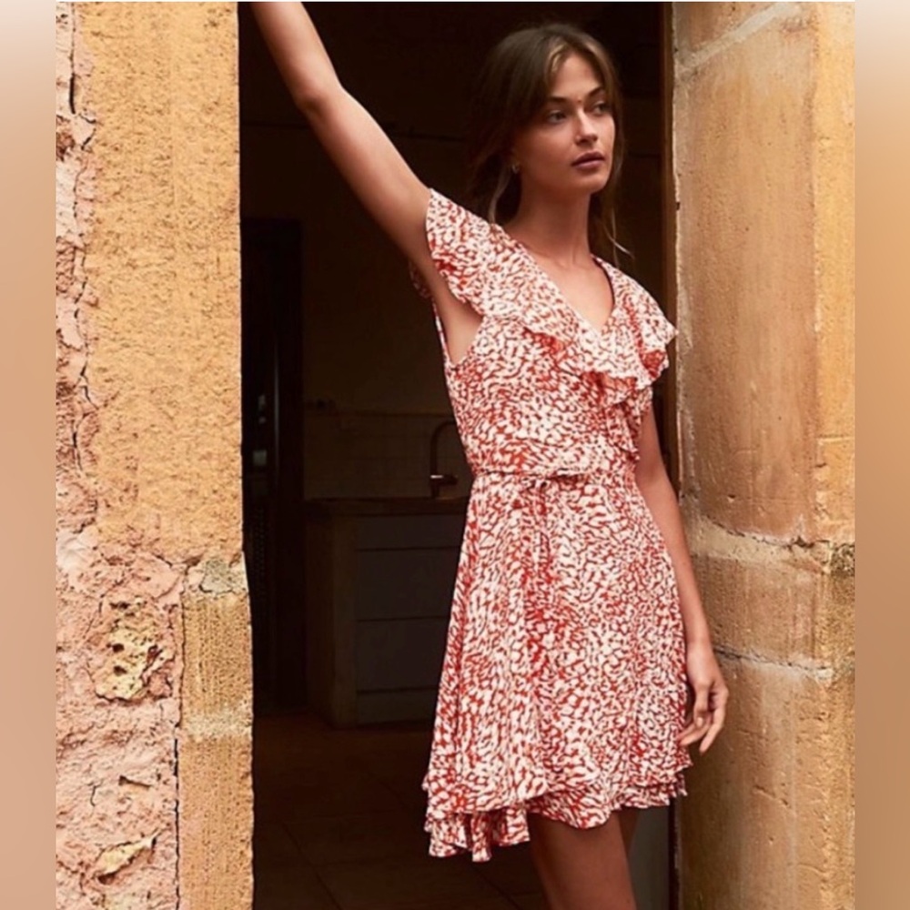 Free People French Quarter Red Orange Floral mini Wrap Dress Size Large